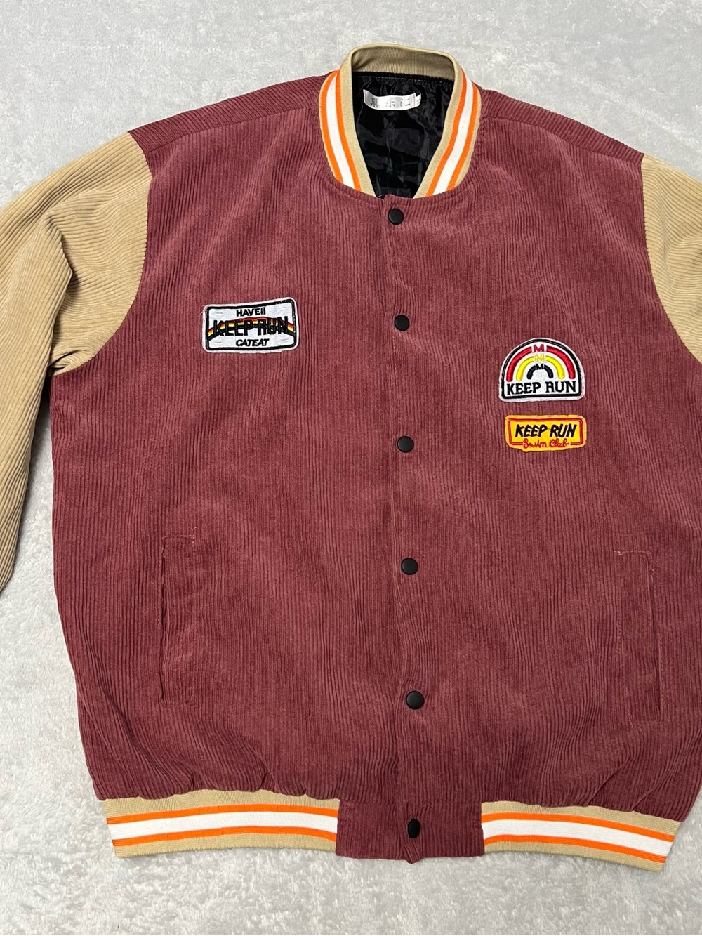 Corduroy Bomber Jacket with Patches - Maroon & Tan